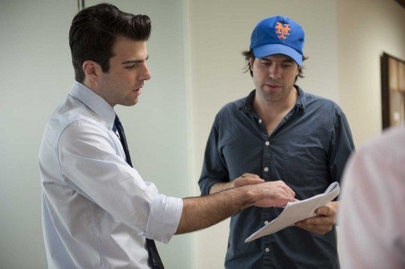 Director J.C. Chandor (right) and Zachary Quinto (left) on the set of 'Margin Call'