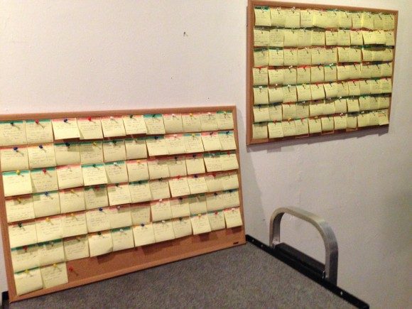 This is the plot for 'Love is All You Need,' with color-coded post-it notes for each interwoven plotline and event in the film.