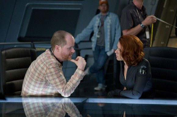Joss Whedon and Scarlett Johansson on the set of 'The Avengers'